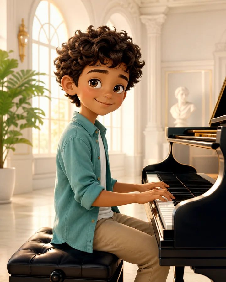 Personagem 3D: criança tocando piano