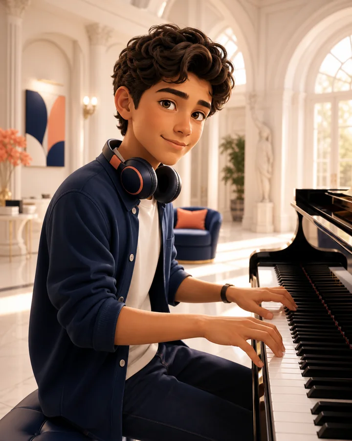 Personagem 3D: adolescente tocando piano